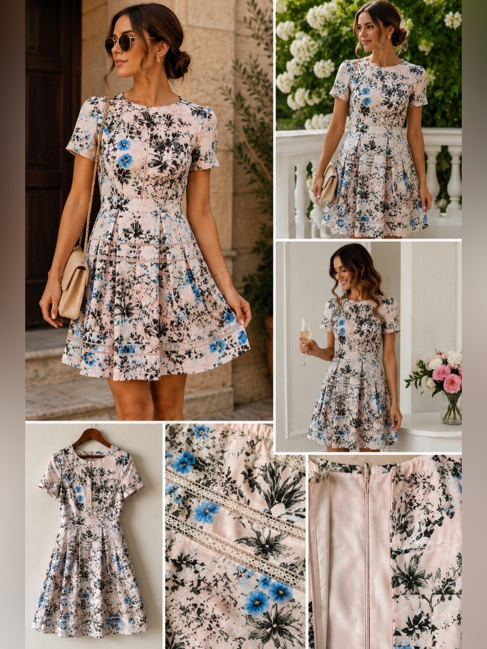 Reiss Mella Pink Floral Short Sleeve Fit and Flare Silk Pleated Mini‎ Dress 8